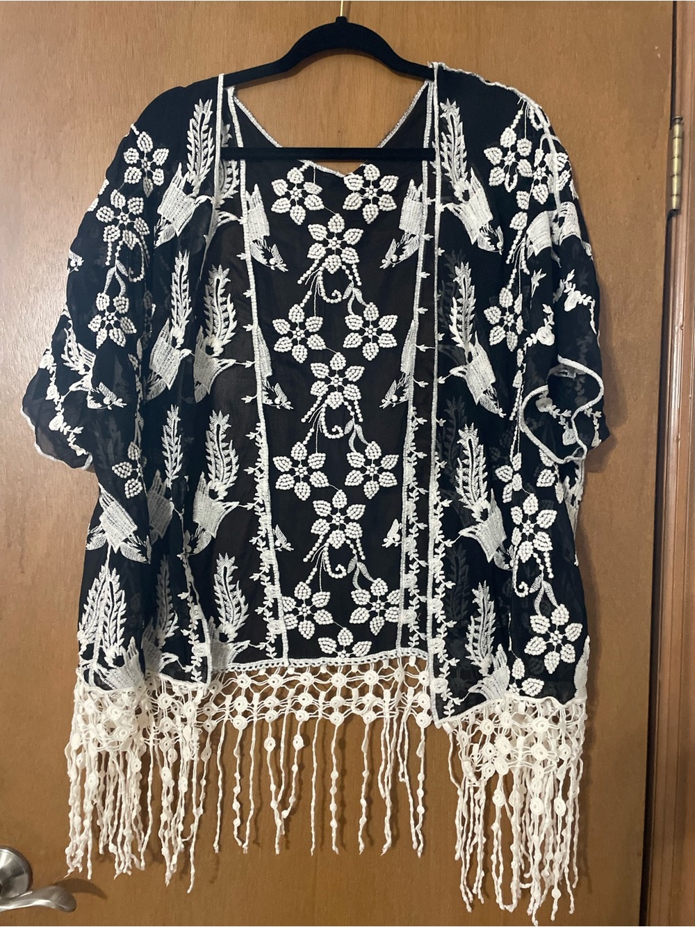 Black Sheer Kimono with White Floral Embroidery and Fringe